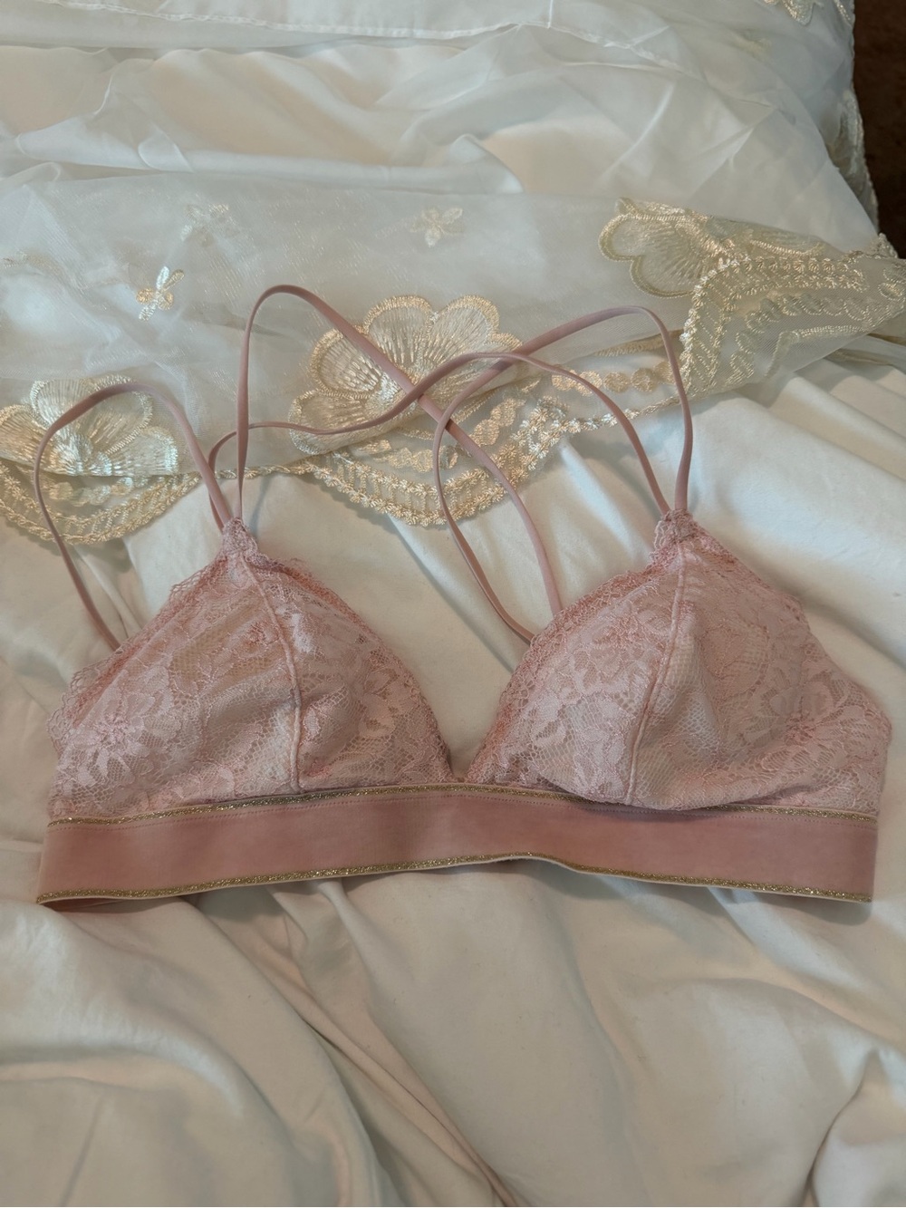 Lace Triangle Bralette in Dusty Rose with Gold Trim